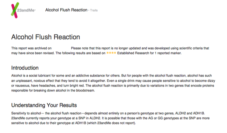 A snapshot of a sample Traits report -- Alcohol Flush Reaction -- that is available as an Archived Report